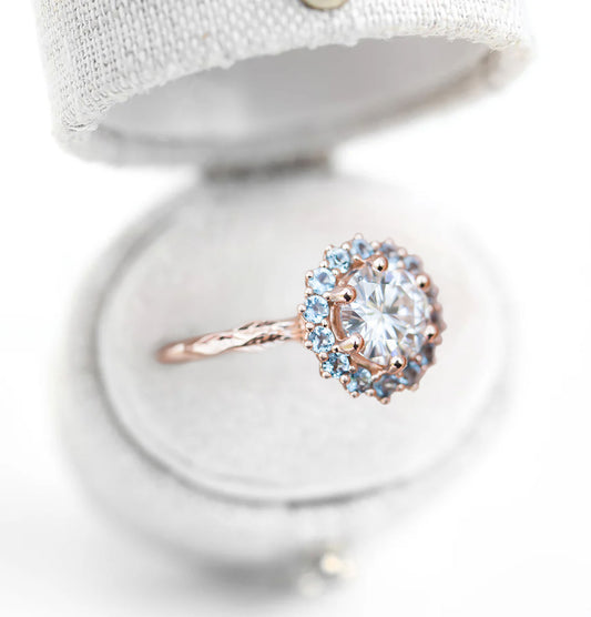 Unique Halo Midsummer Round Shaped Moissanite Ring