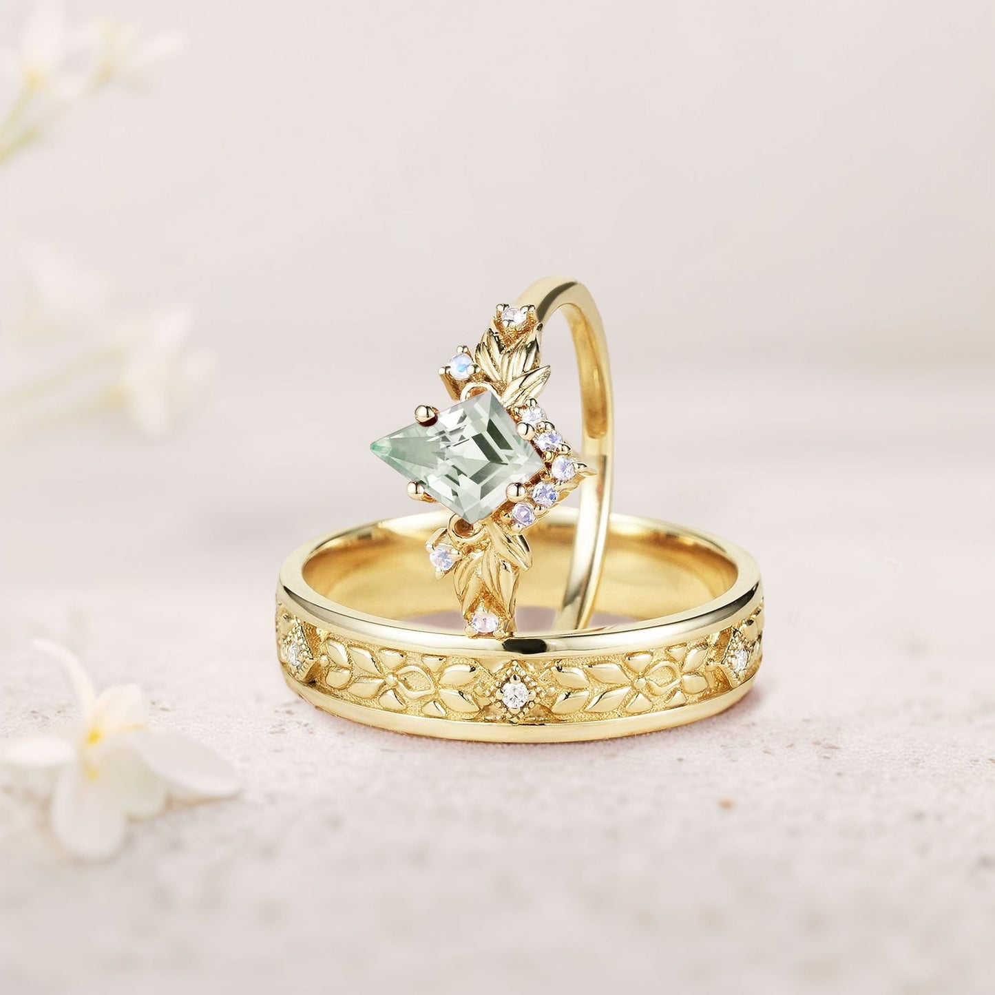 Vintage Kite Green Lab Sapphire Promise Ring Engagement Ring Set for Couples