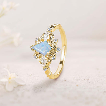 Unique floral engagement rings Kite Lab Opal Engagement Ring Leaf Flower Aquamarine Wedding Ring