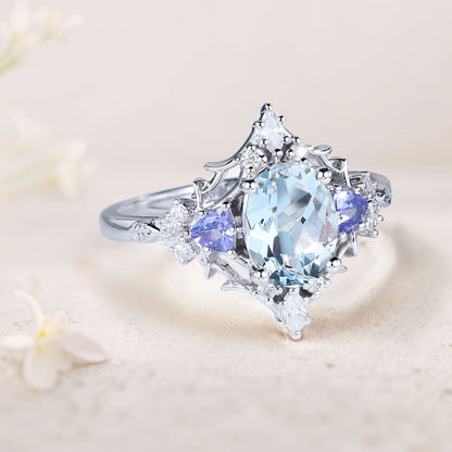 Vintage Briar Rose Oval Lab Aquamarine Engagement Ring Filigree Ring