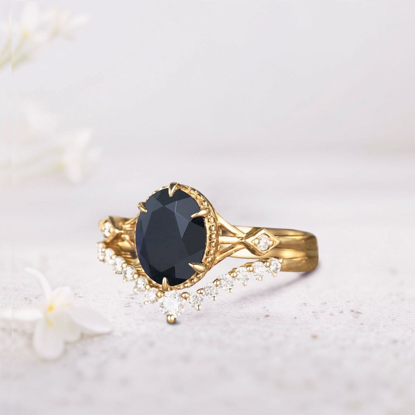 Vintage Oval Black Onyx and Moissanite Bridal Set