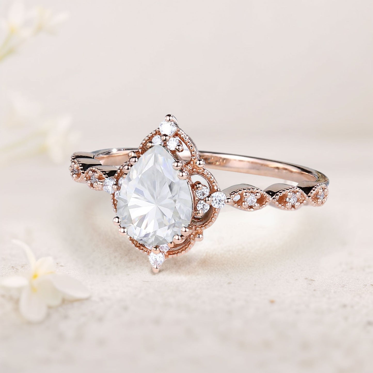 Vintage Pear Moissanite Engagement Ring Bridal Ring