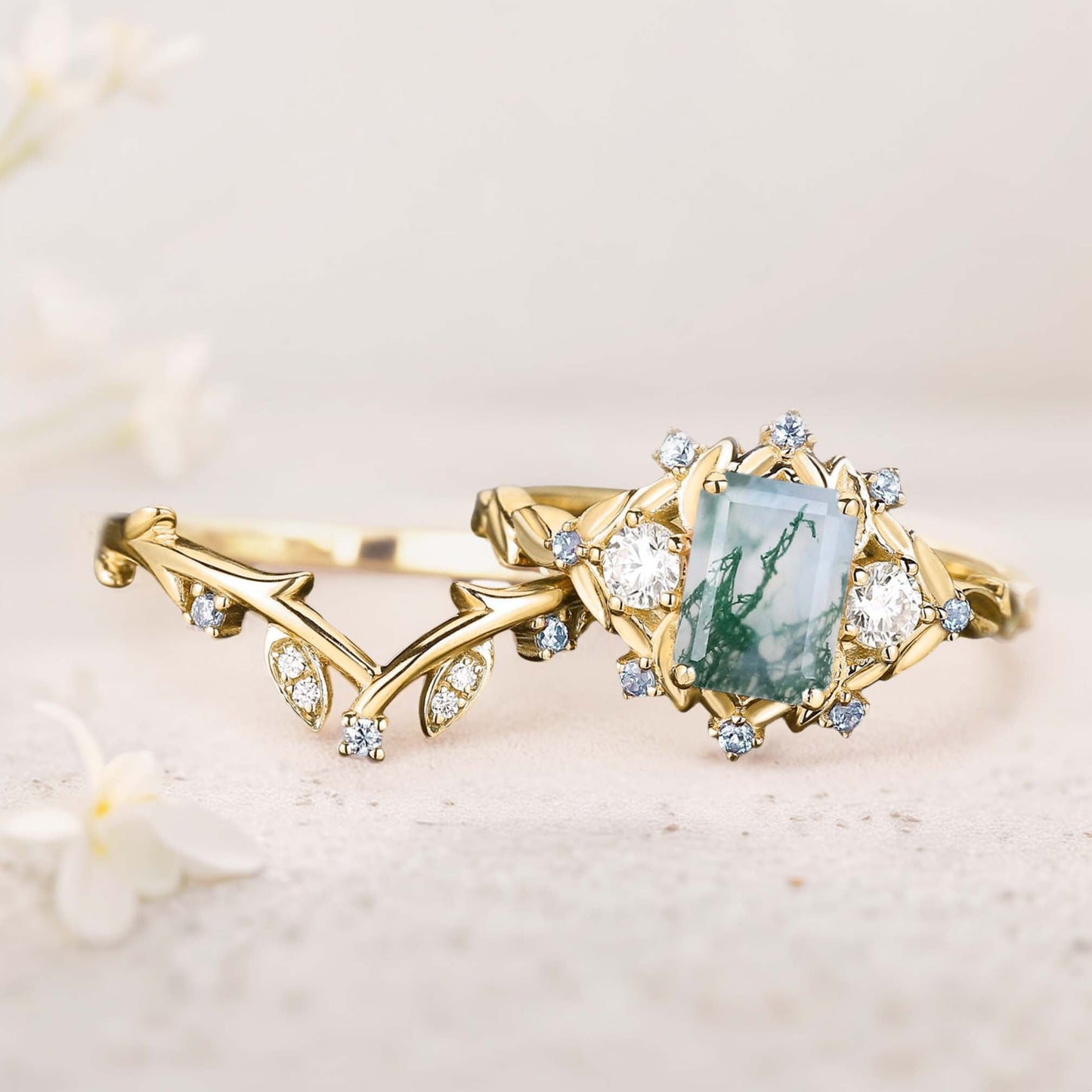 Unique floral engagement rings Emerald Cut Moss Agate Floral Wedding Ring Promise Bridal Set