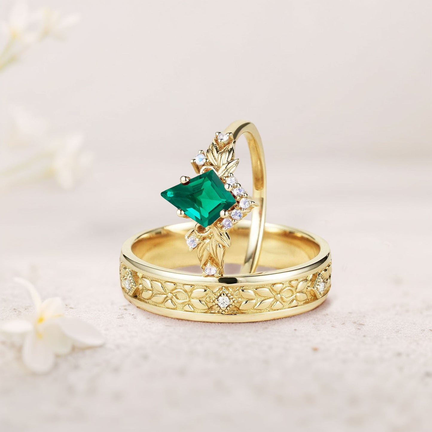 Vintage Kite Lab Emerald Promise Ring Engagement Ring Set for Couples