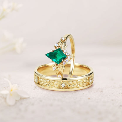 Vintage Kite Lab Emerald Promise Ring Engagement Ring Set for Couples