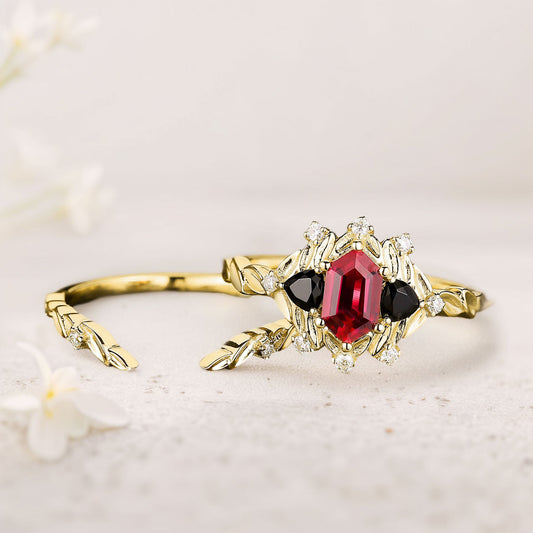 Unique floral engagement rings Long Hexagon Ruby Leaf Engagement Ring Wedding Ring Set