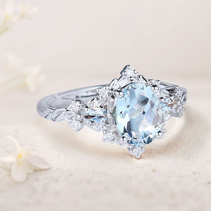 Vintage Briar Rose Oval Lab Aquamarine Engagement Ring Vine Ring