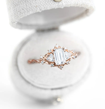 Unique Celeste Rose Three Stone Emerald cut Moissanite Ring