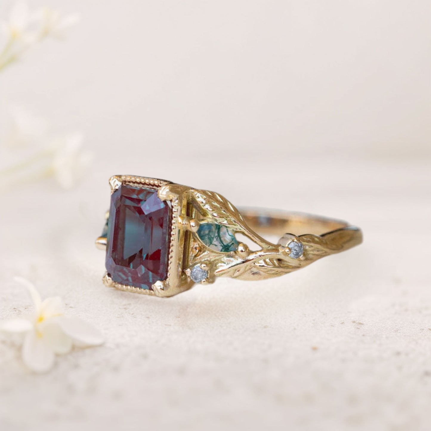 Vintage floral engagement rings Emerald cut Lab Alexandrite Engagement ring Promise ring