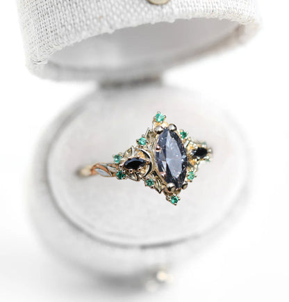 Unique Briar Moon Three Stone Marquise Grey Moissanite and Lab Emerald Ring