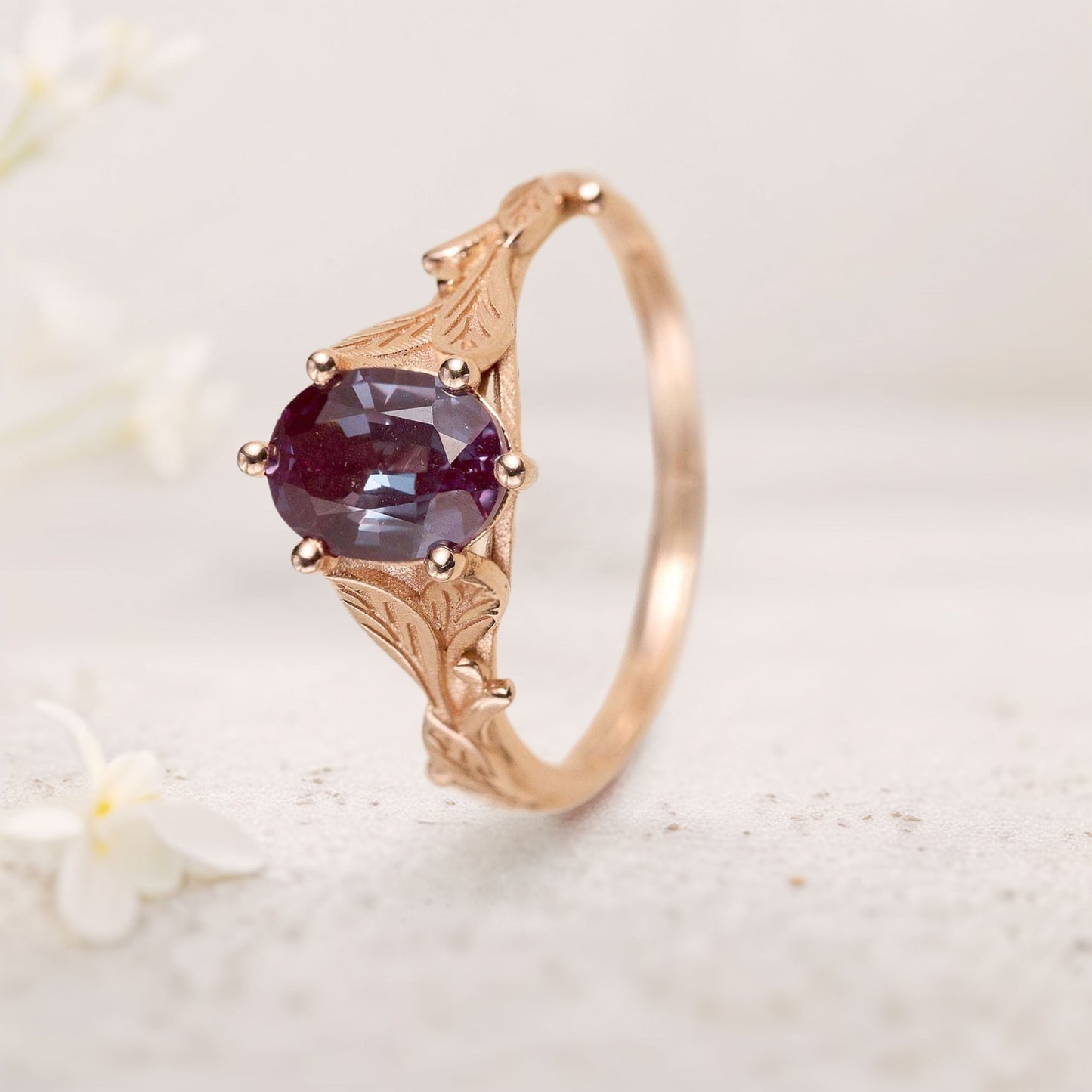 Unique floral engagement rings Oval Lab Alexandrite with Leaves Engagement Ring
