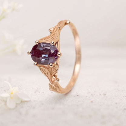 Unique floral engagement rings Oval Lab Alexandrite with Leaves Engagement Ring