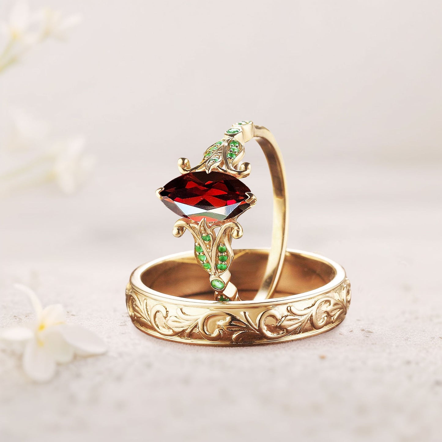 Unique Marquise Garnet Eternity Wedding Band Set Couple Rings Set