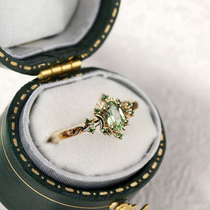 Unique Briar Rose Halo Moon Oval Green Lab Sapphire Ring