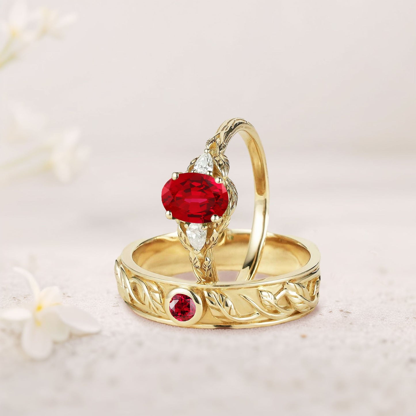 Unique Leaf Design Oval Lab Ruby and Moissanite Wedding Ring Promise Ring for Couples