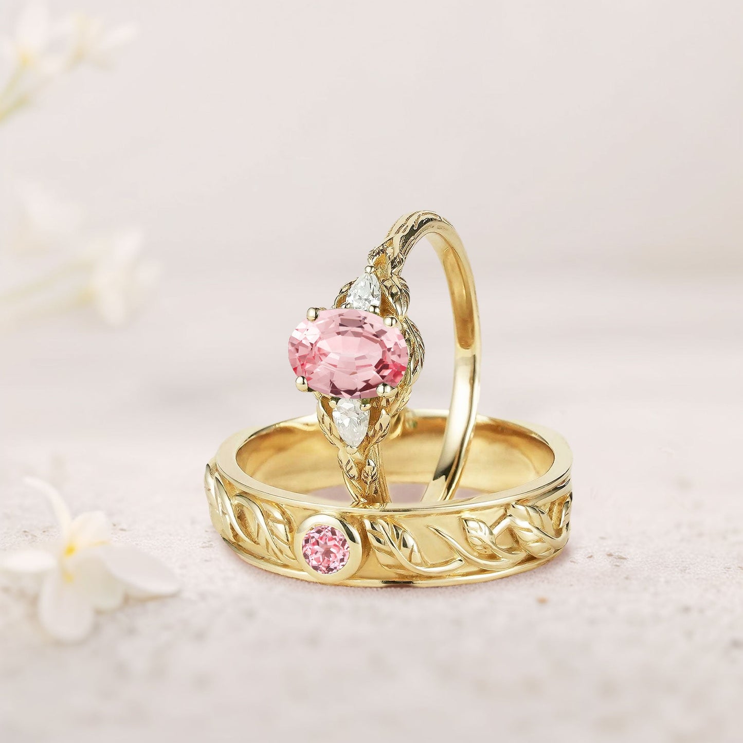 Unique Leaf Design Oval Lab Padparadscha and Moissanite Wedding Ring Promise Ring for Couples