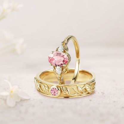 Unique Leaf Design Oval Lab Padparadscha and Moissanite Wedding Ring Promise Ring for Couples