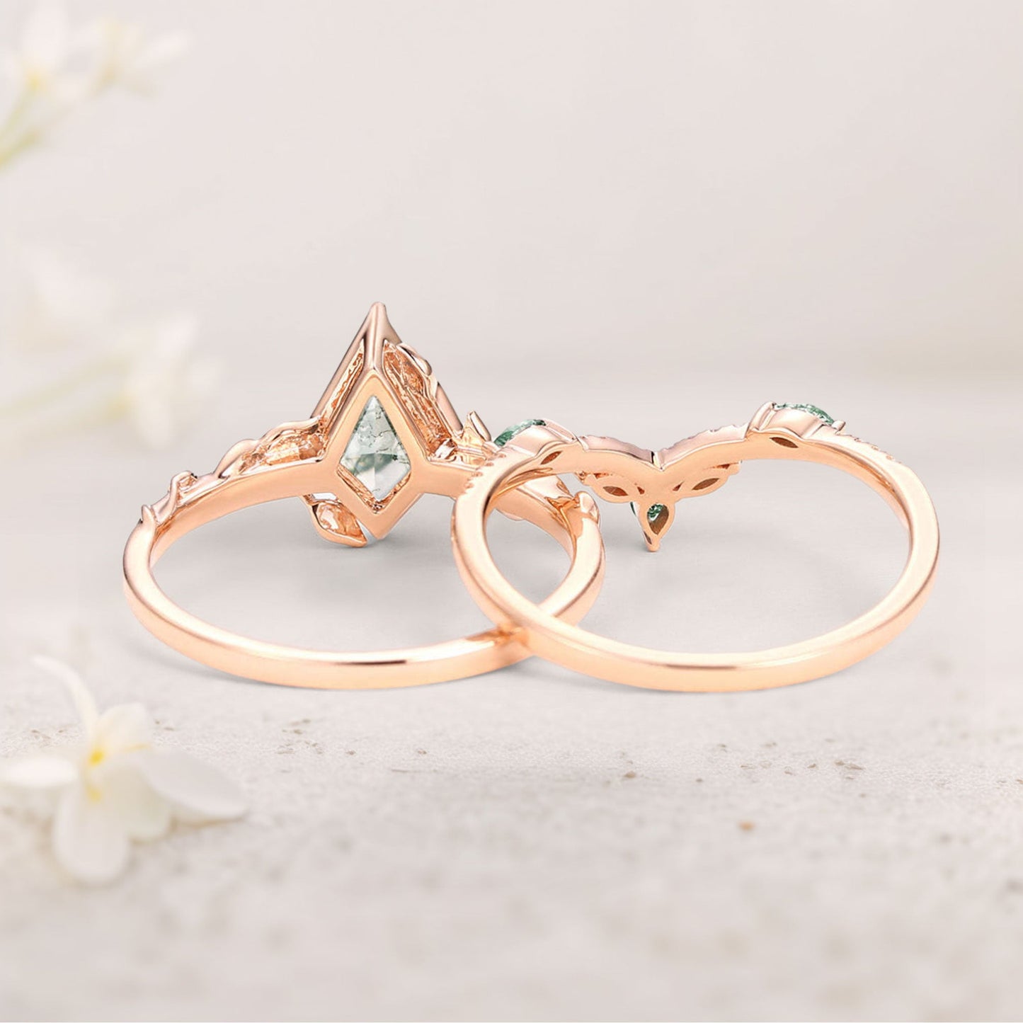 Unique floral engagement rings Vine Kite Moss Agate Leafy Engagement Ring Set