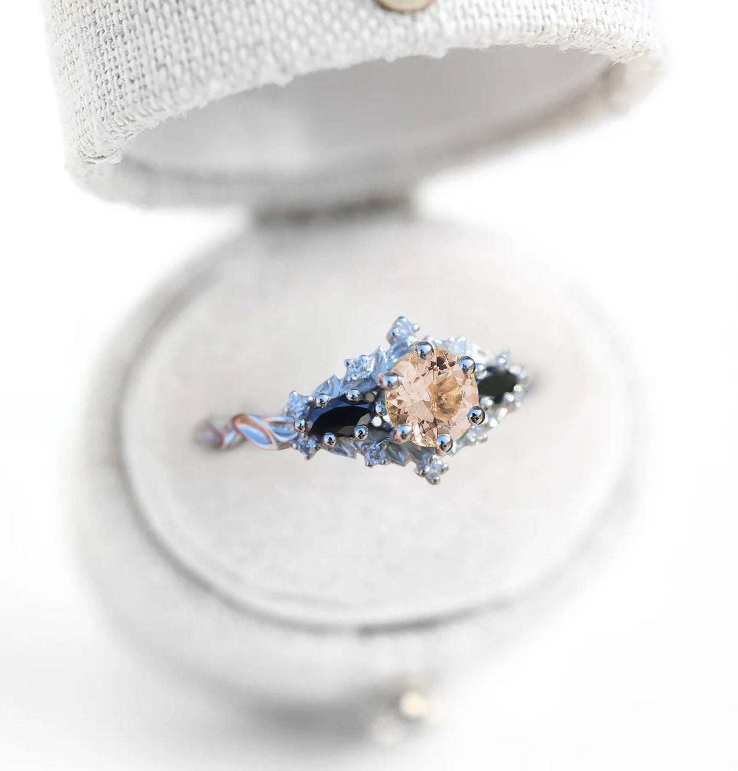 Unique Briar Rose Round Lab Morganite and Black Moissanite Ring