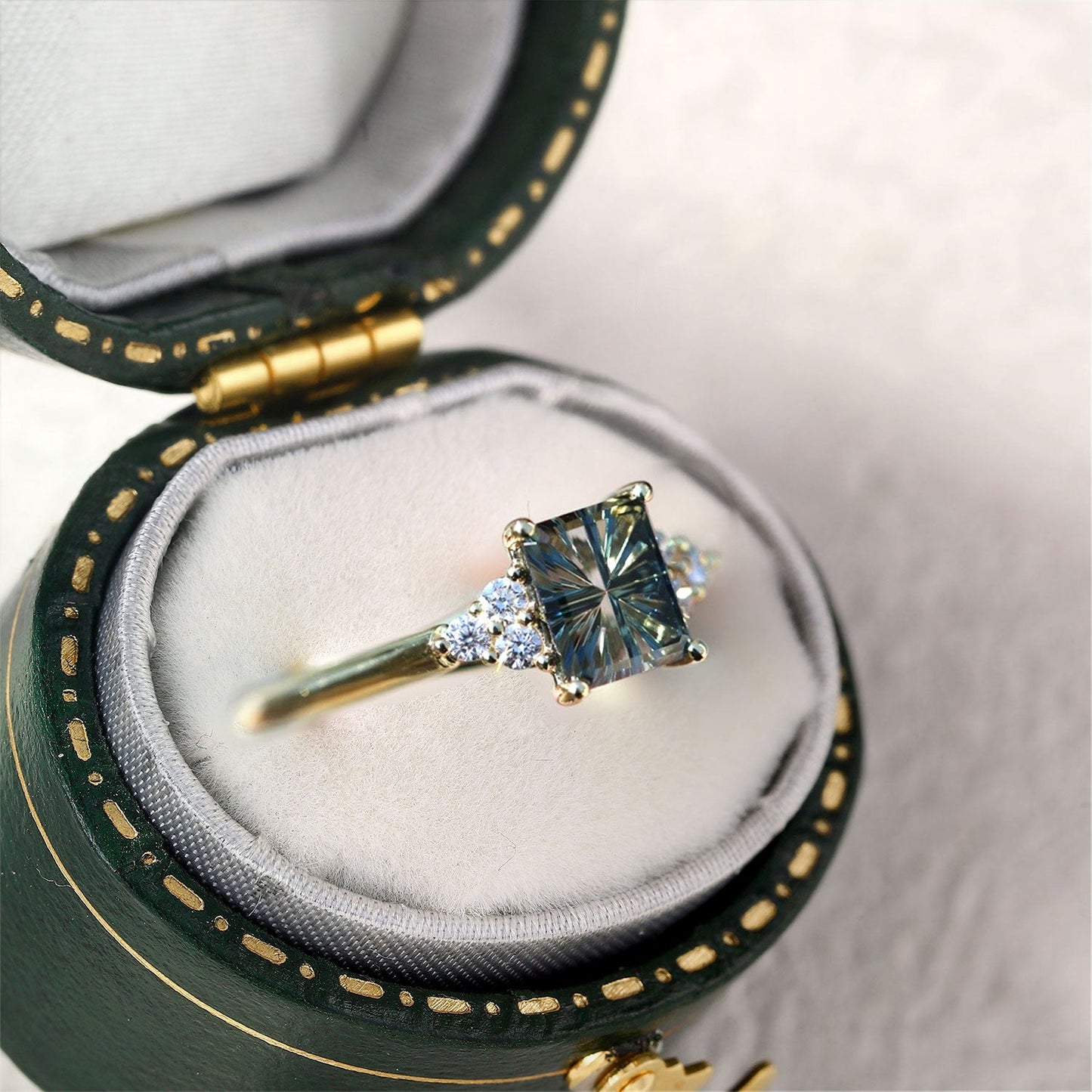 Unique Emerald cut Lab Sapphire Cluster Engagement Ring