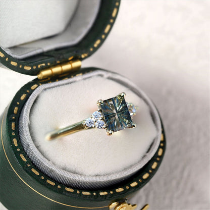 Unique Emerald cut Lab Sapphire Cluster Engagement Ring