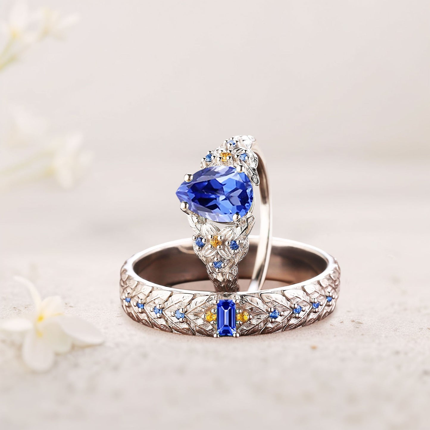 Unique Pear Lab Sapphire His and Hers Matching Wedding Ring Set
