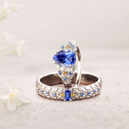 Unique Pear Lab Sapphire His and Hers Matching Wedding Ring Set