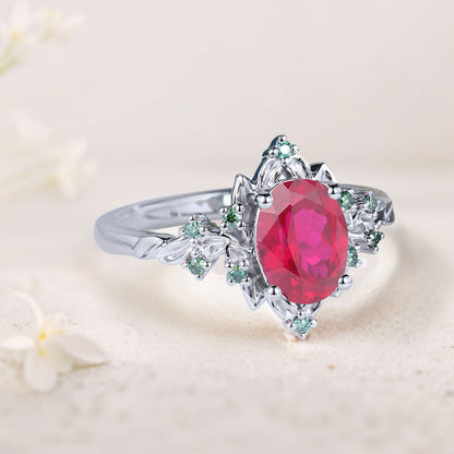 Vintage Briar Rose Oval Ruby Engagement Ring Olive Leaves Ring