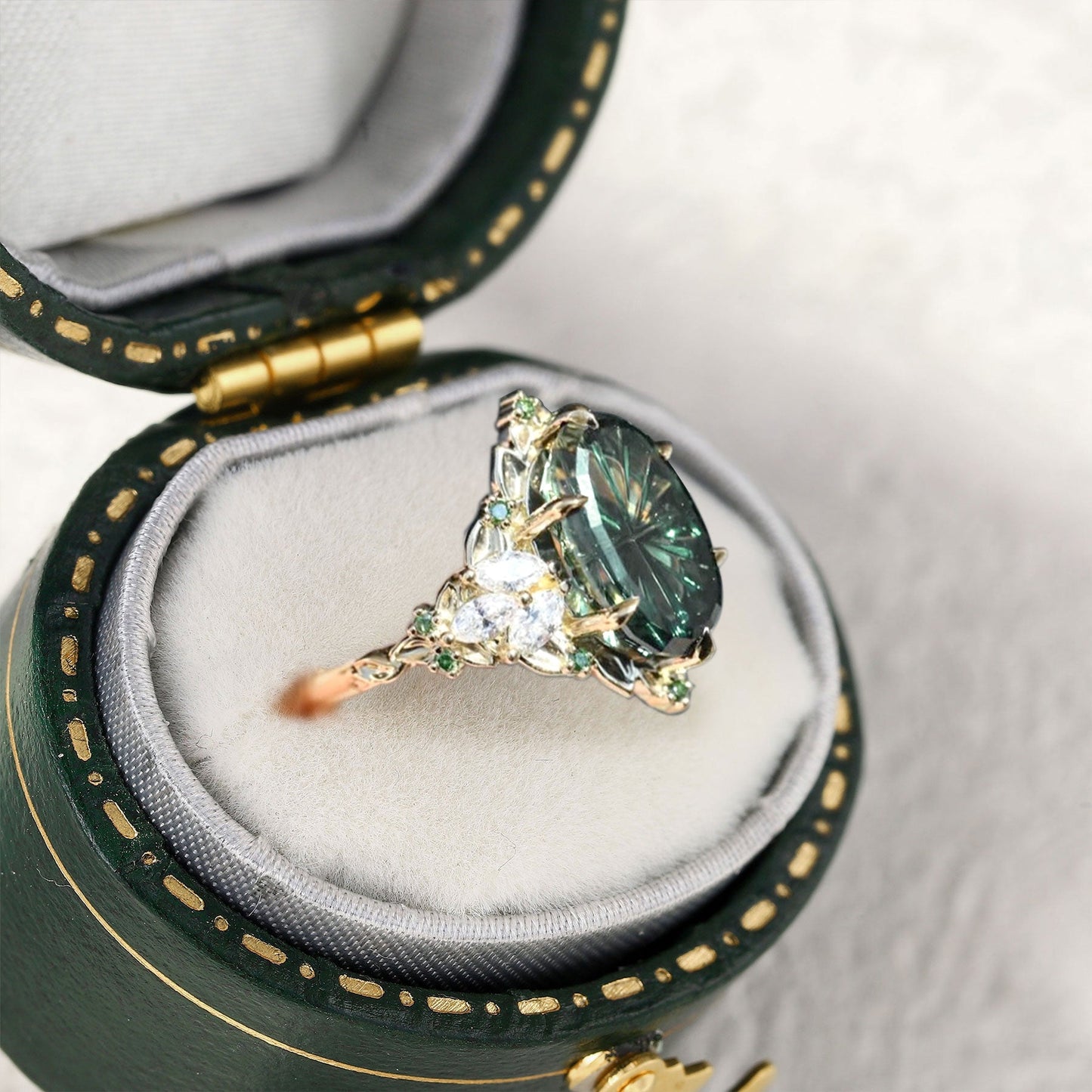 Vintage Starbrite Cut Oval Green Lab Sapphire Engagement Ring