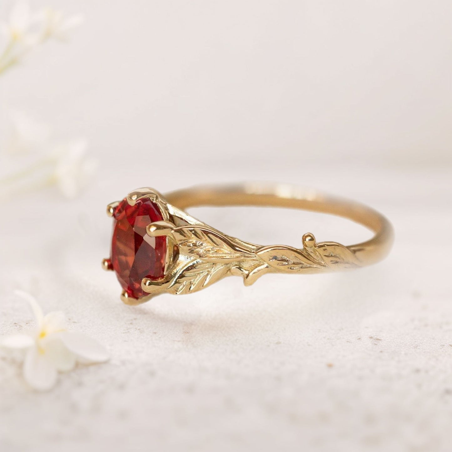 Unique floral engagement rings Oval Ruby with Leaves Engagement Ring