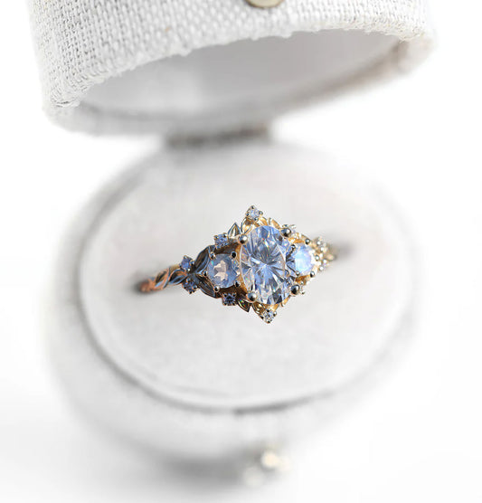 Unique Floral Rose Three Stone Oval Moissanite and Lab Moonstone Ring