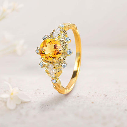 Unique floral engagement rings Round Citrine Flower Engagement Ring Art Deco Leaf Wedding Ring