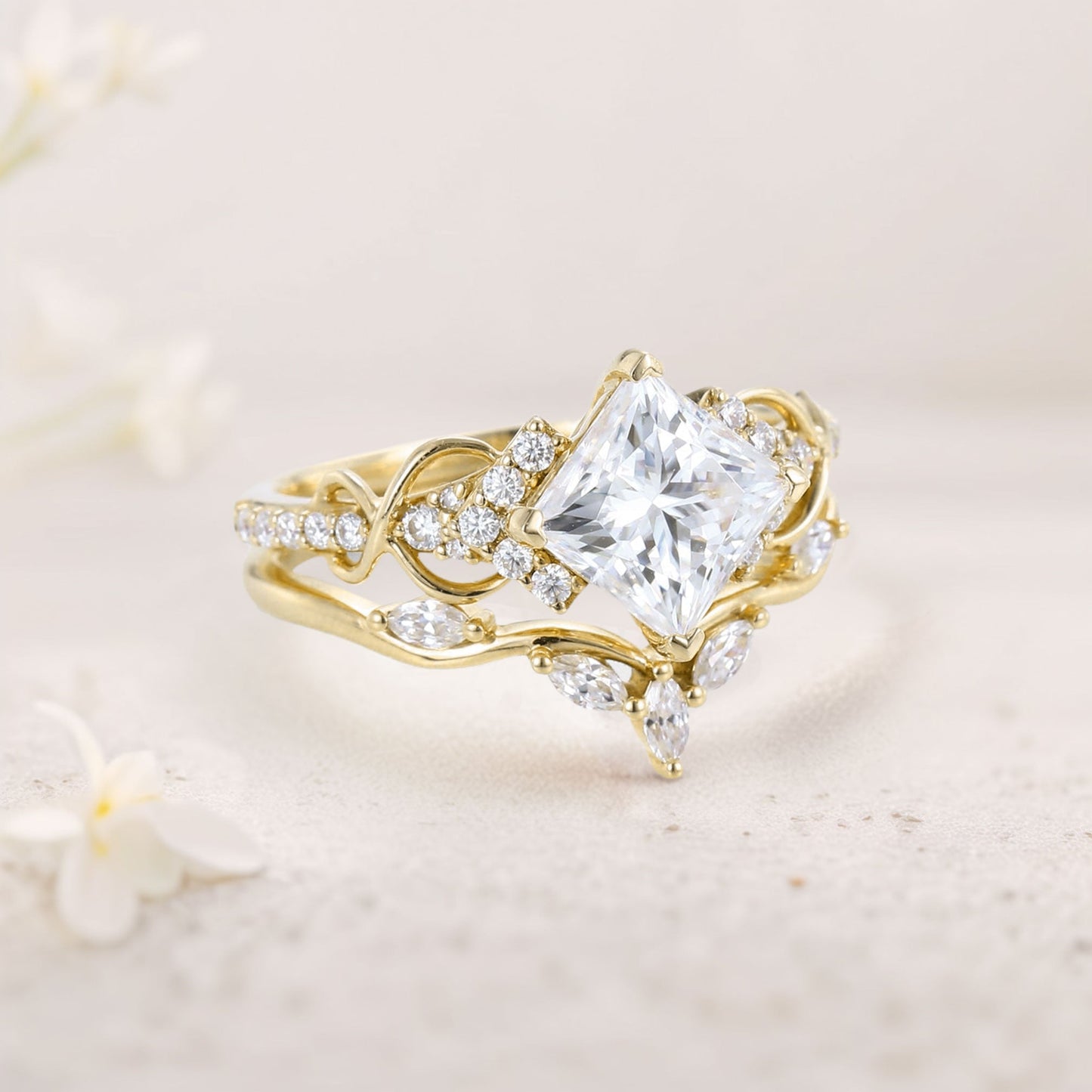 Vintage Princess Moissanite Engagement Ring Bridal Ring Set