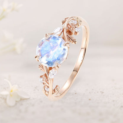 Unique Nature-Inspired Round Lab Moonstone Engagement Ring Bridal Ring