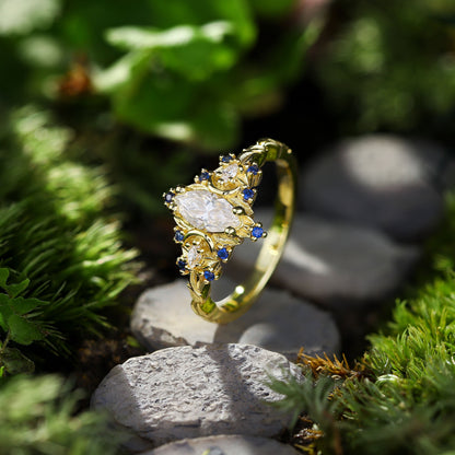 Unique Briar Moon Marquise Moissanite and Lab Blue Sapphire Ring