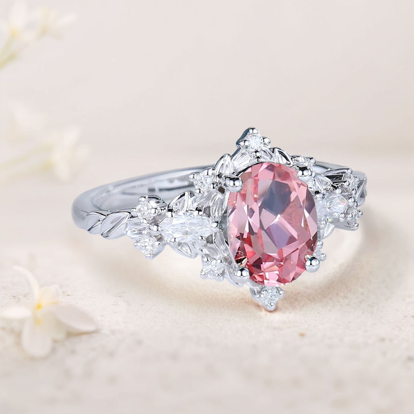 Vintage Briar Rose Oval Pink Lab Padparadscha  Engagement Ring  Vine Ring