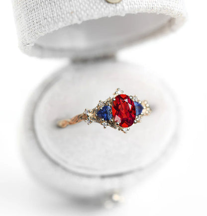 Unique Celeste Rose Oval Garnet and Lab Sapphire Ring