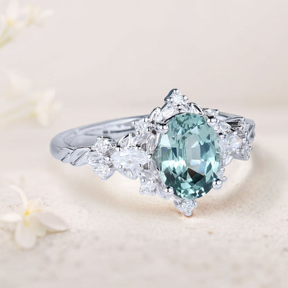 Vintage Briar Rose Oval Green Lab Sapphire Engagement Ring  Vine Ring