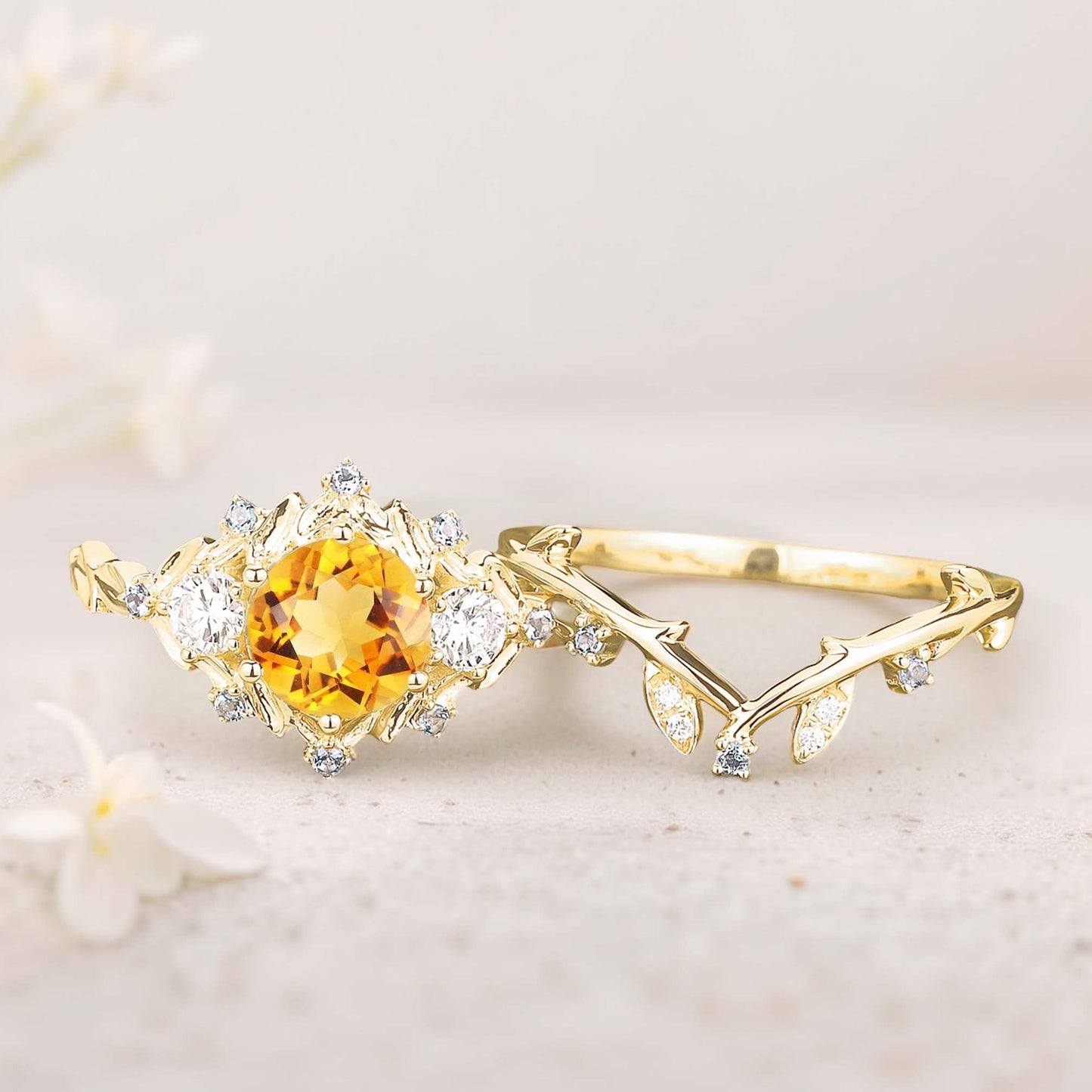 Unique floral engagement rings Round Citrine Leaf Engagement Ring Set Moissanite Cluster Flower Wedding Band