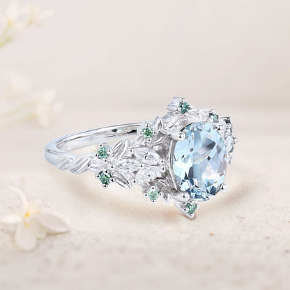 Unique Starlight Oval Lab Aquamarine Engagement Ring