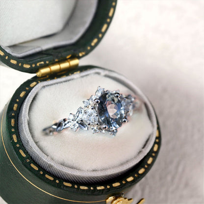 Unique Briar Rose Three Stone Oval grey spinel and Moissanite Ring