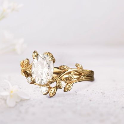Unique Oval Moissanite Wedding Ring Set With Leaf Band