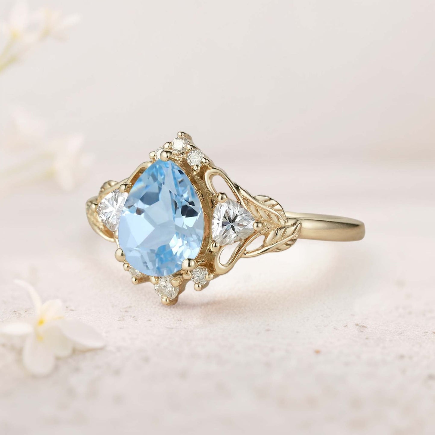 Unique floral engagement rings Pear Lab Aquamarine and Moissanite side stones Leaf Ring Engagement Ring