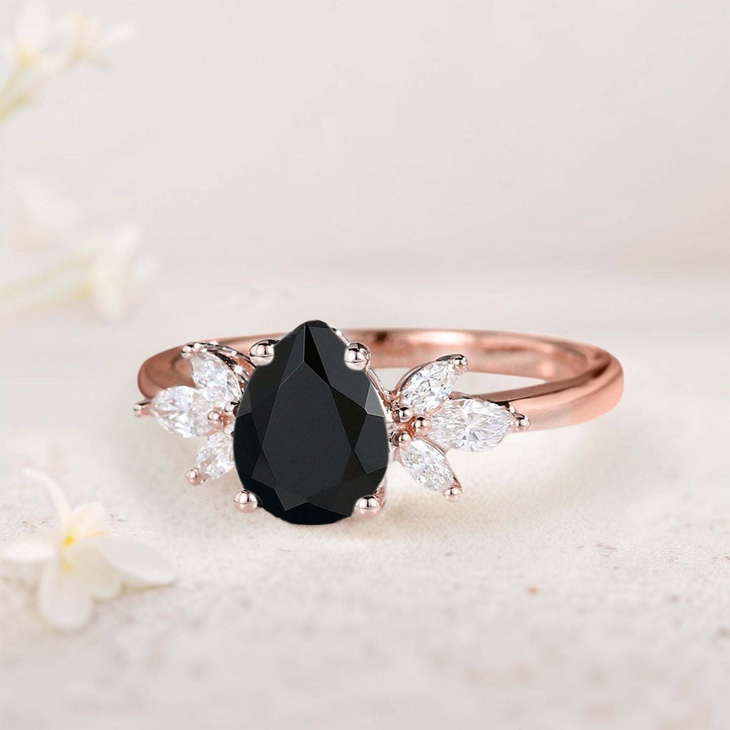 Unique Pear Black Onyx Engagement Ring Simple Cluster Bridal Ring