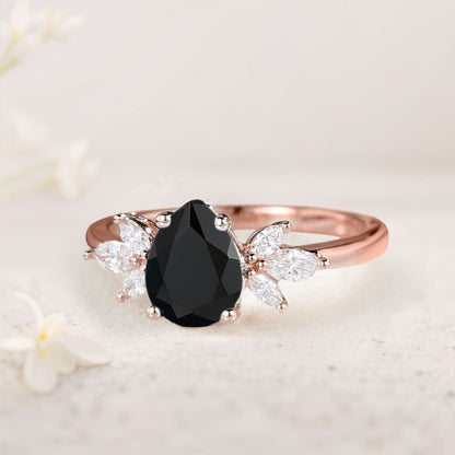 Unique Pear Black Onyx Engagement Ring Simple Cluster Bridal Ring