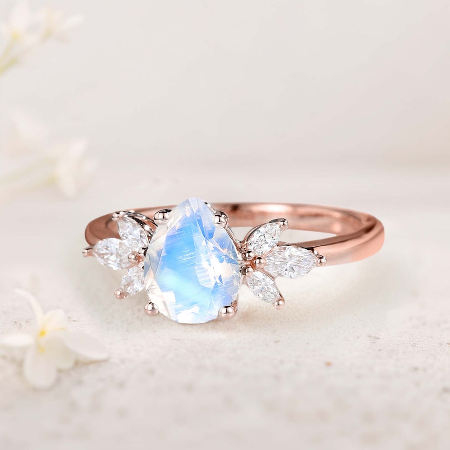 Unique Pear Lab Moonstone Engagement Ring Simple Cluster Bridal Ring
