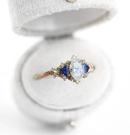 Unique Celeste Rose Oval Moissanite and Lab Sapphire Ring