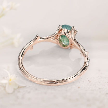 Unique Oval Moss Agate Engagement Ring Solitaire Branch Shape Engagement Ring Promise Ring