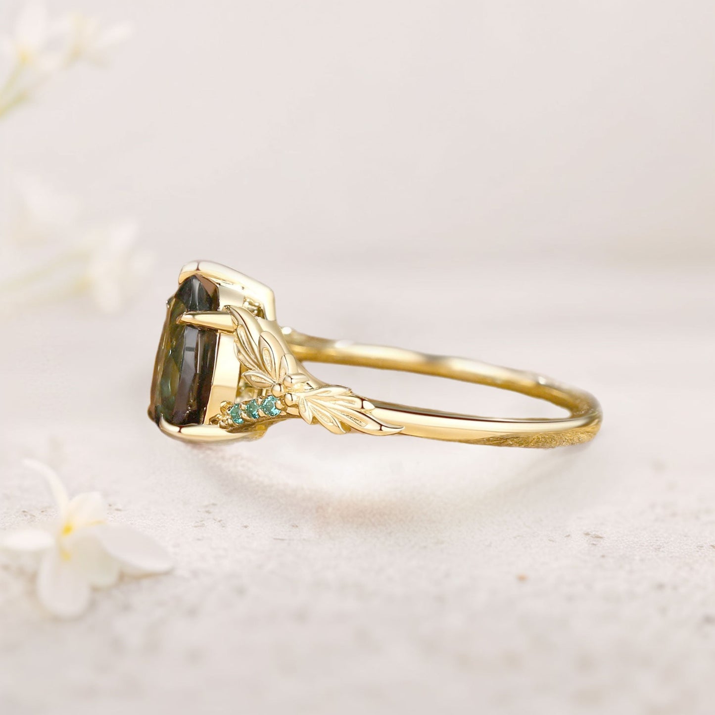 Unique floral engagement rings Pear Green Lab Sapphire Leaf Engagement Ring