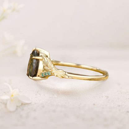 Unique floral engagement rings Pear Green Lab Sapphire Leaf Engagement Ring